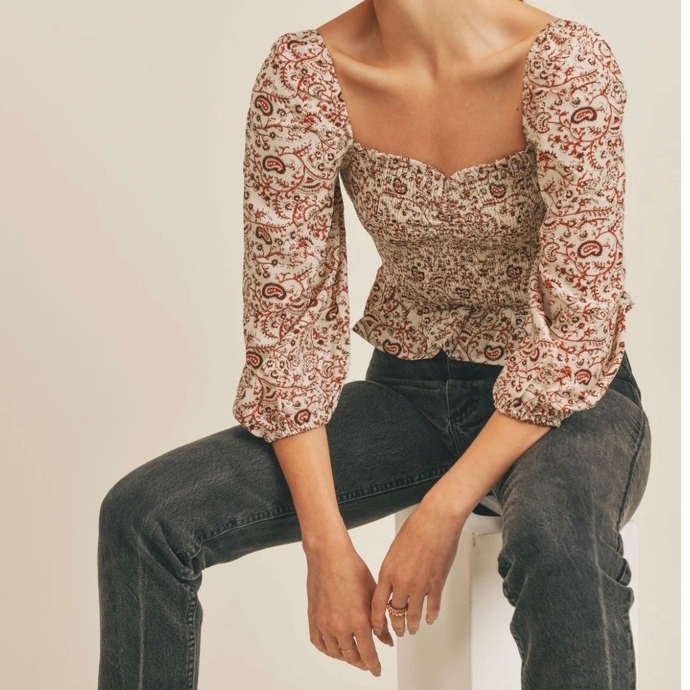 RESET Pretty Paisley Smock Top Rust Cream‎ Square Neck Puff Sleeve S BOHO Chic